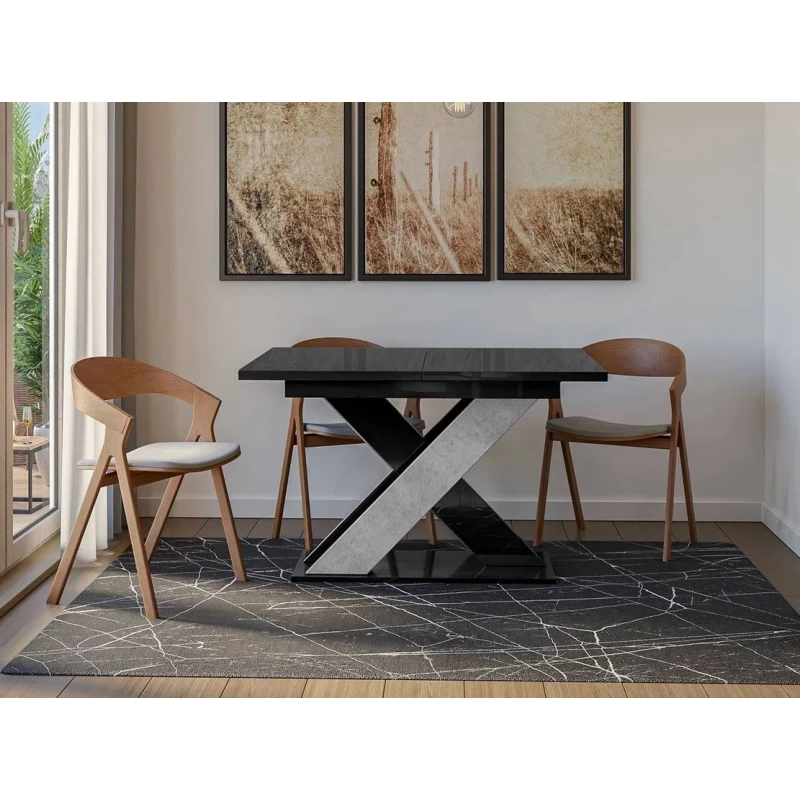 Kihúzható étkezőasztal 120x90 cm FIGOL - beton / fényes fekete