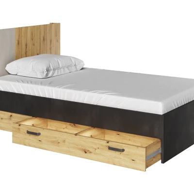 Egyszemélyes ágy fiókkal 120x200 APTOS - artisan tölgy / nyers acél / selyemfényű