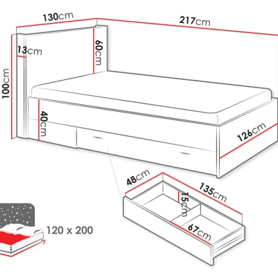 Egyszemélyes ágy fiókkal 120x200 APTOS - artisan tölgy / nyers acél / selyemfényű