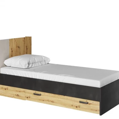 Egyszemélyes ágy fiókkal 90x200 APTOS - artisan tölgy / nyers acél / selyemfényű