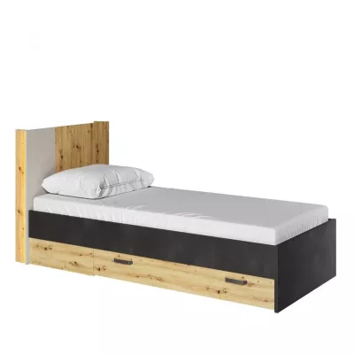 Egyszemélyes ágy fiókkal 90x200 APTOS - artisan tölgy / nyers acél / selyemfényű