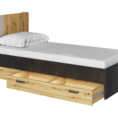 Egyszemélyes ágy fiókkal 90x200 APTOS - artisan tölgy / nyers acél / selyemfényű