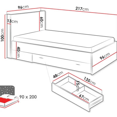 Egyszemélyes ágy fiókkal 90x200 APTOS - artisan tölgy / nyers acél / selyemfényű