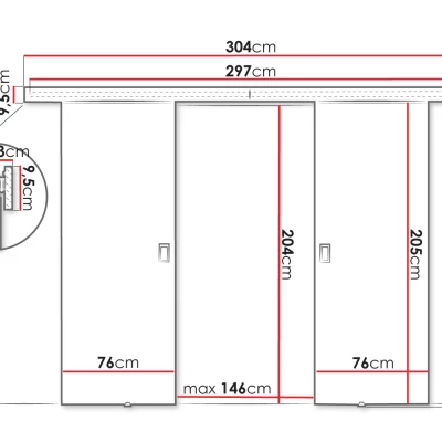 SANITA 3 kétszárnyú beltéri tolóajtó - 152 cm, grafitszürke