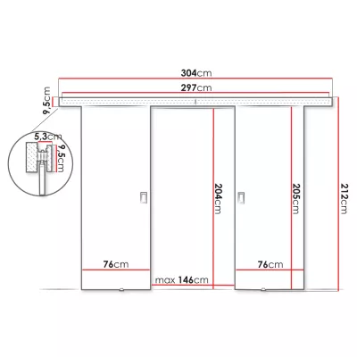 SANITA 3 kétszárnyú beltéri tolóajtó - 152 cm, fekete