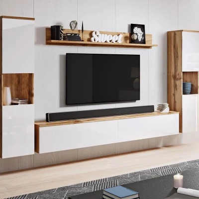 Modern nappali fal LED világítással ROSALIO XL - matera tölgy / fényes fehér
