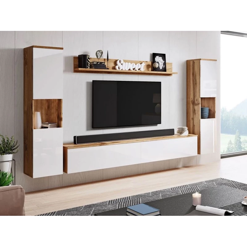 Modern nappali fal LED világítással ROSALIO XL - matera tölgy / fényes fehér