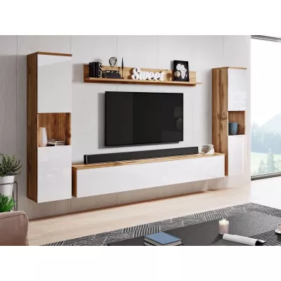 Modern nappali fal LED világítással ROSALIO XL - matera tölgy / fényes fehér