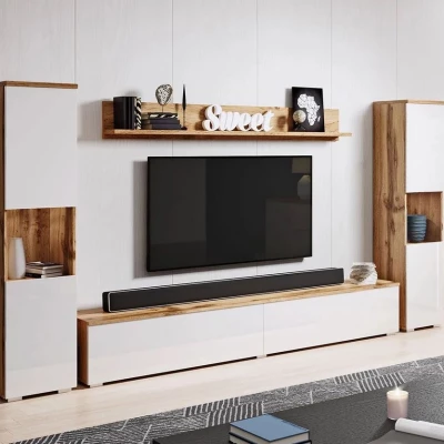 Modern nappali fal LED világítással ROSALIO XL - matera tölgy / fényes fehér