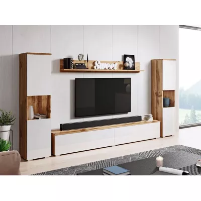 Modern nappali fal LED világítással ROSALIO XL - matera tölgy / fényes fehér