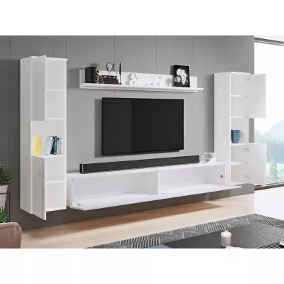 Modern nappali fal LED világítással ROSALIO XL - matera tölgy / fényes fehér