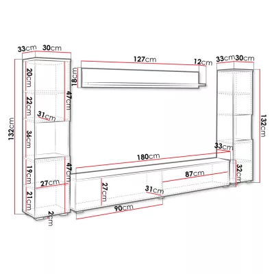 Modern nappali fal LED világítással ROSALIO XL - matera tölgy / fényes fehér