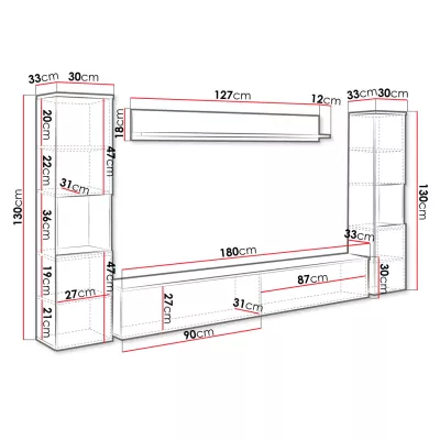 Modern nappali fal LED világítással ROSALIO XL - matera tölgy / fényes fehér
