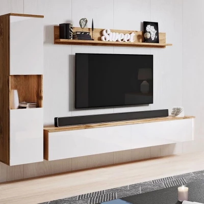 Modern nappali fal LED világítással ROSALIO - matera tölgy / fényes fehér