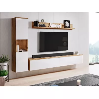 Modern nappali fal LED világítással ROSALIO - matera tölgy / fényes fehér