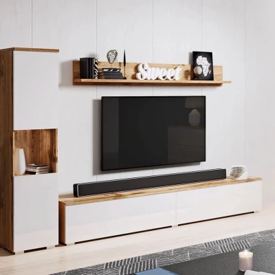 Modern nappali fal LED világítással ROSALIO - matera tölgy / fényes fehér