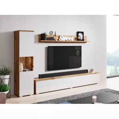 Modern nappali fal LED világítással ROSALIO - matera tölgy / fényes fehér