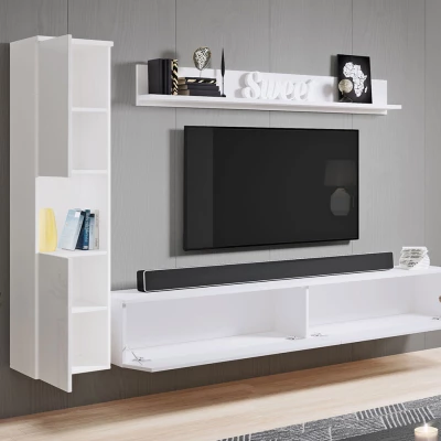 Modern nappali fal LED világítással ROSALIO - matera tölgy / fényes fehér