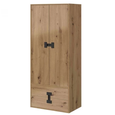 Kétajtós BASHIRA ruhásszekrény - 80 cm, tölgy / fényes artisan tölgy