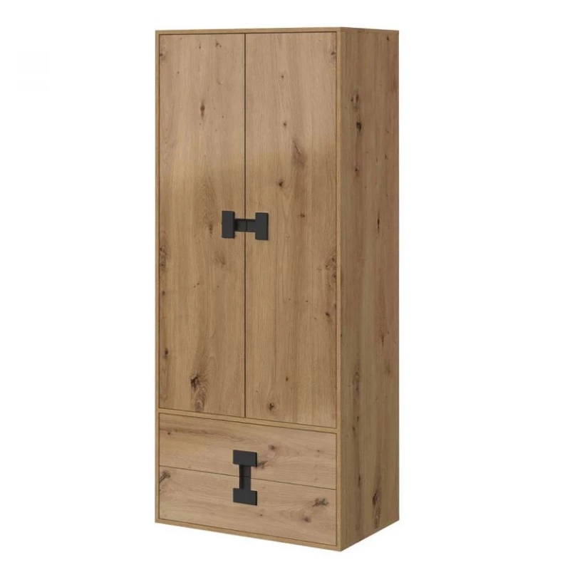 Kétajtós BASHIRA ruhásszekrény - 80 cm, tölgy / fényes artisan tölgy
