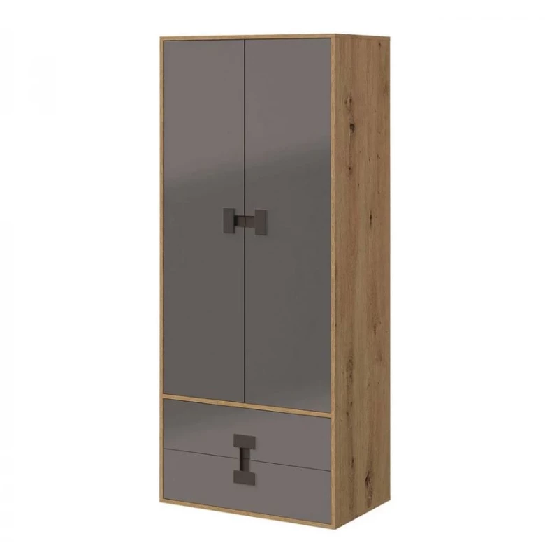 Kétajtós BASHIRA szekrény - 80 cm, tölgyfa / fényes szürke
