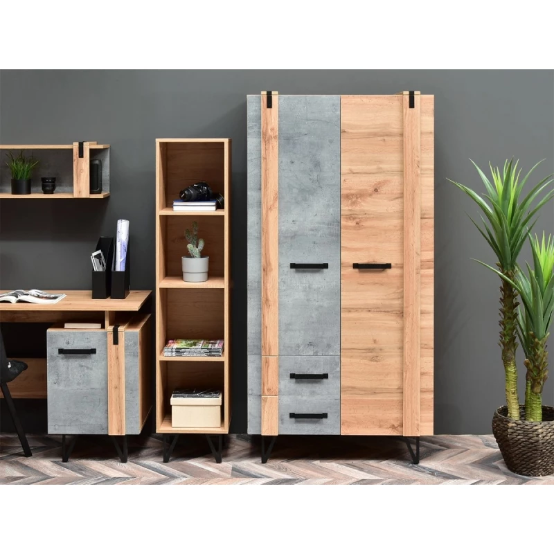 Fiókos ruhásszekrény 91 cm NIXON - tölgy / beton / fekete