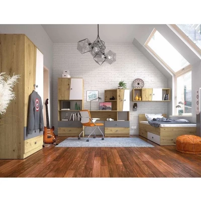 Diákbútor ággyal 90x200 CHIMA 2 - artisan tölgy / fehér / szürke