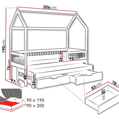 Gyerekágy pótággyal 90x200 DABI - szürke