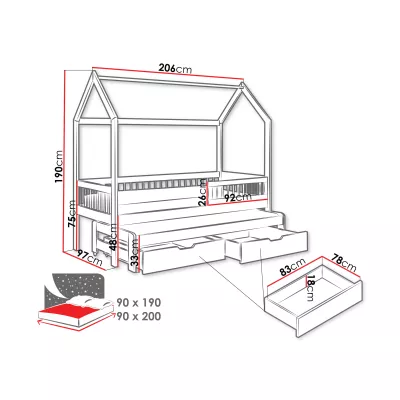 Gyerekágy pótággyal 90x200 DABI - szürke