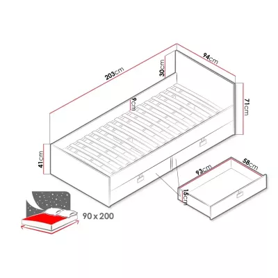 Egyszemélyes ágy diákszobába 90x200 BASHIRA - tölgy / fényes szürke