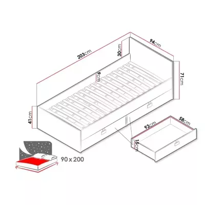 Egyszemélyes ágy diákszobába 90x200 BASHIRA - tölgy / fényes fehér