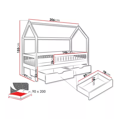 Gyerekágy fiókokkal 90x200 AVALON - fehér