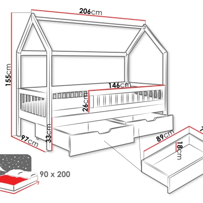 Fiókos gyerekágy 90x200 AVALON - szürke