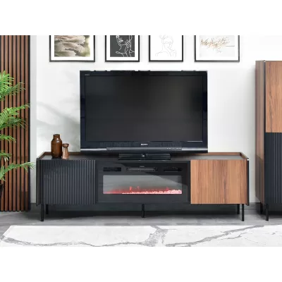 NORLAN TV állvány elektromos kandallóval - dió / fekete márvány / fekete