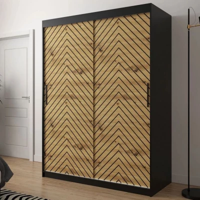 Gardróbszekrény 150 cm tolóajtókkal és fiókokkal ORIOT - fekete / artisan tölgyfa