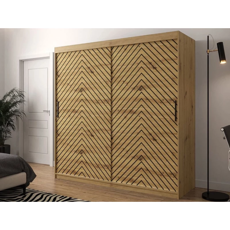 Magas gardróbszekrény 200 cm tolóajtókkal és fiókokkal ORIOT - artisan tölgy / fekete