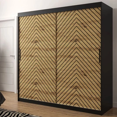 Magas gardróbszekrény 200 cm tolóajtókkal és fiókokkal ORIOT - fekete / artisan tölgyfa