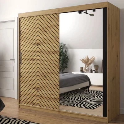 Magas gardrób 200 cm tükörrel és fiókokkal ORIOT - artisan tölgy / fekete