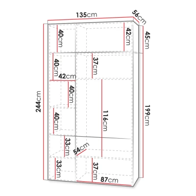 135 cm-es gardróbszekrény kihúzható résszel CRATO - fehér