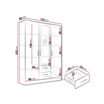 Tükrös gardrób 153 cm HEROSA - alpesi fehér