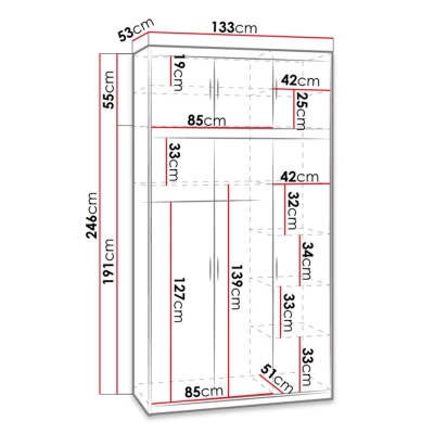 Tükrös gardróbszekrény 133 cm bővíthető ARCATA - fehér