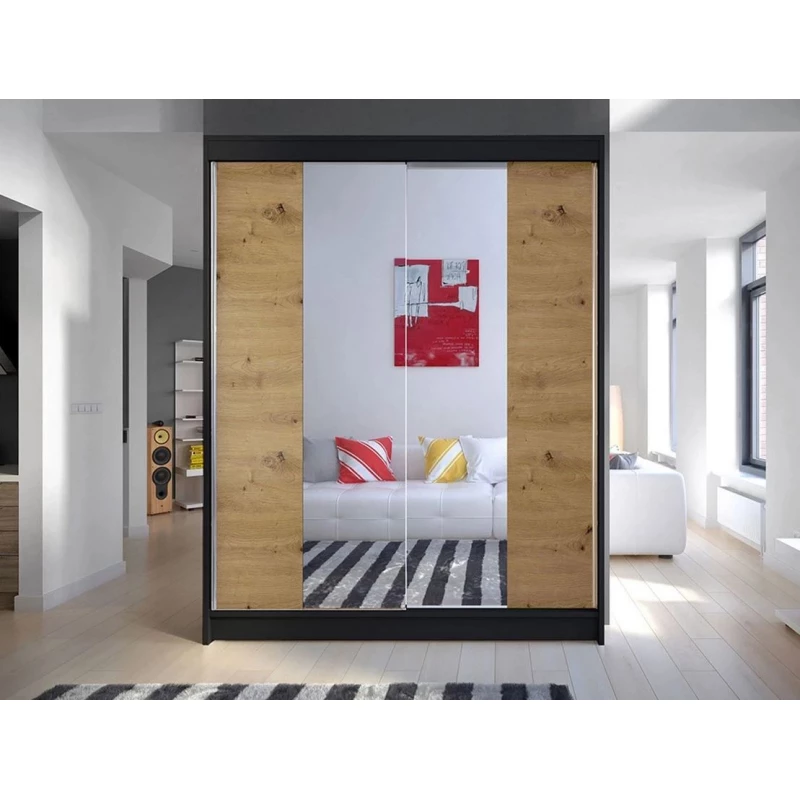 Szekrény tükörrel 150 cm PIRITU 2 - artisan tölgy / fekete