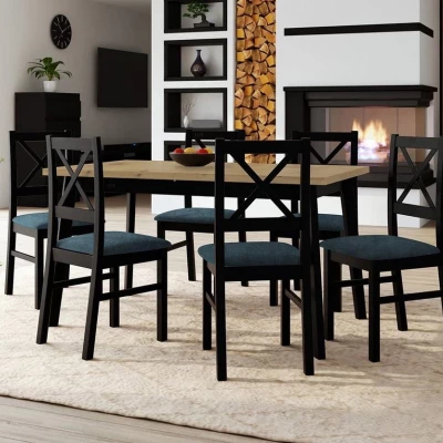 Kihúzható étkezőasztal 140 cm 6 székkel ADELBITE 3 - artisan tölgy / fekete / kék