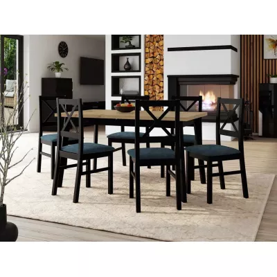 Kihúzható étkezőasztal 140 cm 6 székkel ADELBITE 3 - artisan tölgy / fekete / kék
