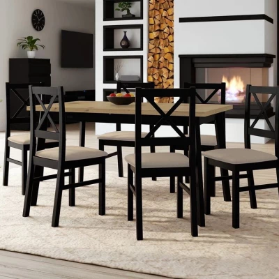 Kihúzható étkezőasztal 140 cm 6 székkel ADELBITE 3 - artisan tölgy / fekete / bézs