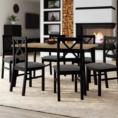 Kihúzható étkezőasztal 140 cm 6 székkel ADELBITE 3 - artisan tölgy / fekete / acélszürke
