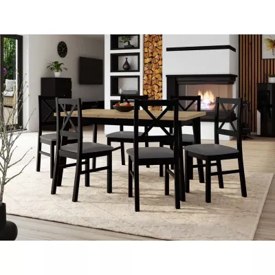 Kihúzható étkezőasztal 140 cm 6 székkel ADELBITE 3 - artisan tölgy / fekete / acélszürke