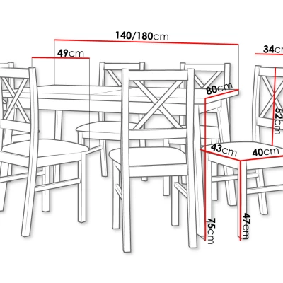 Kihúzható étkezőasztal 140 cm 6 székkel ADELBITE 3 - artisan tölgy / fehér / sötét olajbogyó