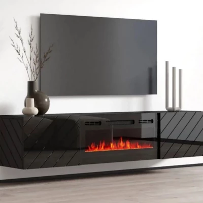 Függesztett TV-állvány elektromos kandallóval WANDER - fekete / fényes fekete