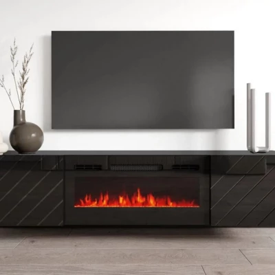 Függesztett TV-állvány elektromos kandallóval WANDER - fekete / fényes fekete
